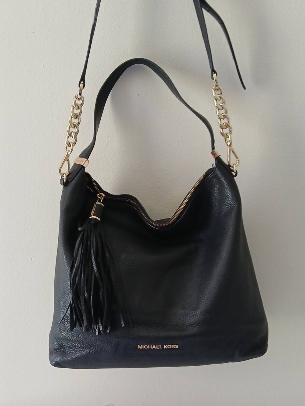 Michael Kors Black Pebbled  Leather Shoulder Bag with Gold Chain Straps